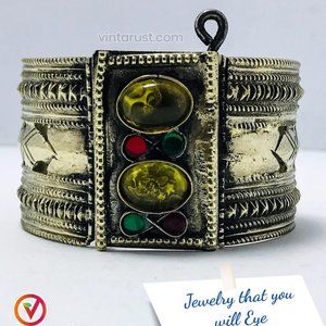 single Vintage Kuchi Cuff Bracelet With Yellow Glass Stones, Gypsy Cuff Bracelet